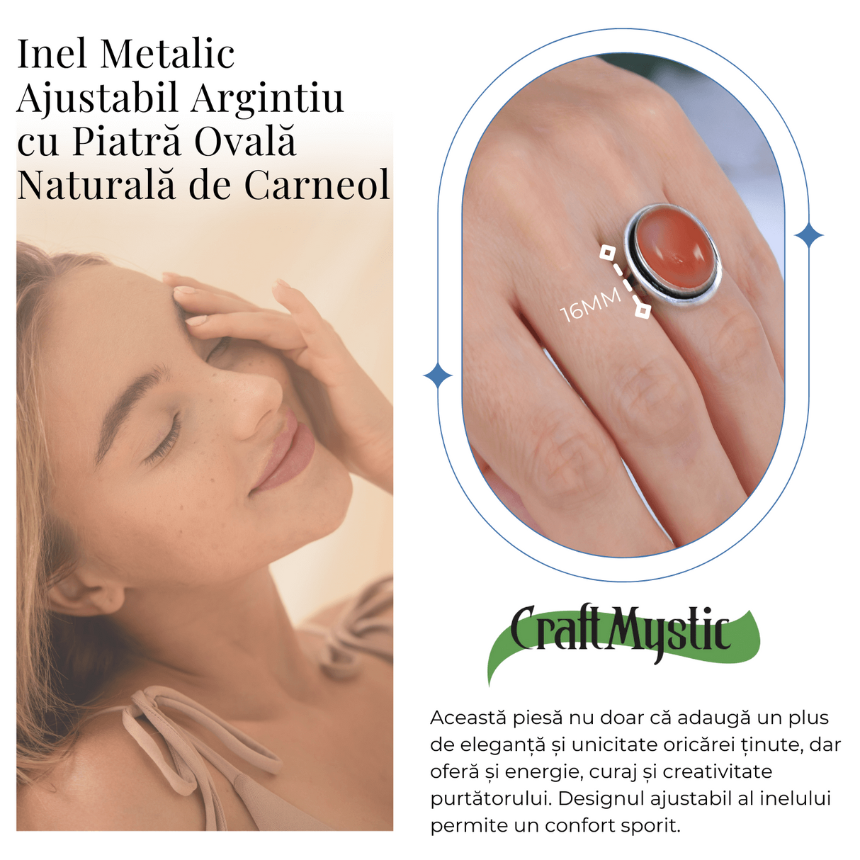 Inel Ajustabil Argintiu cu Carneol Natural, pentru energie si creativitate