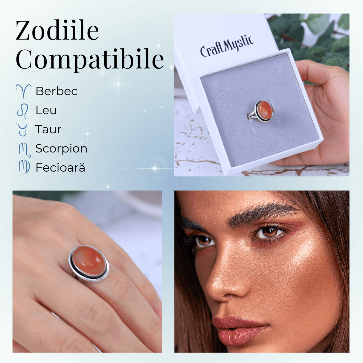 Inel Ajustabil Argintiu cu Carneol Natural, pentru energie si creativitate