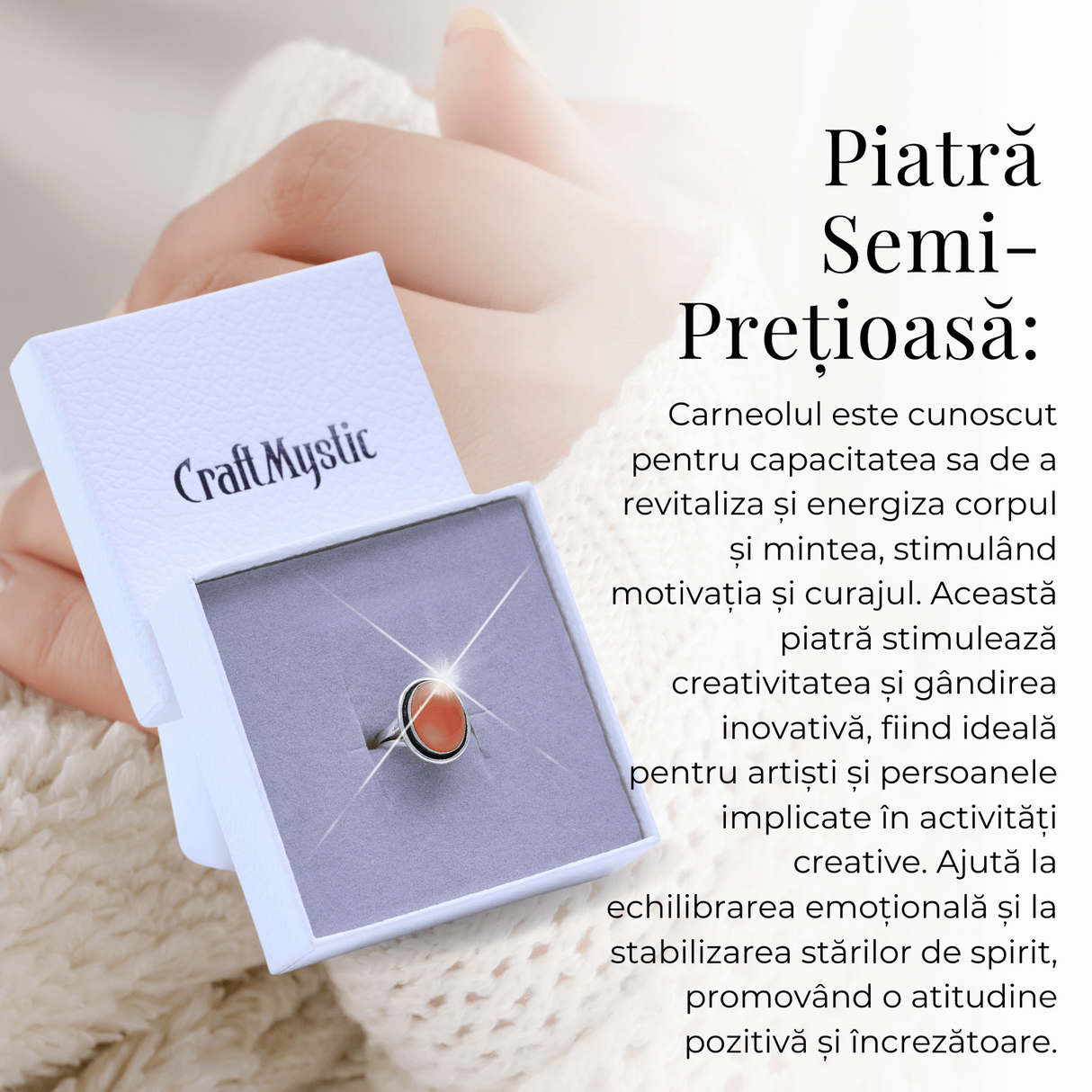 Inel Ajustabil Argintiu cu Carneol Natural, pentru energie si creativitate