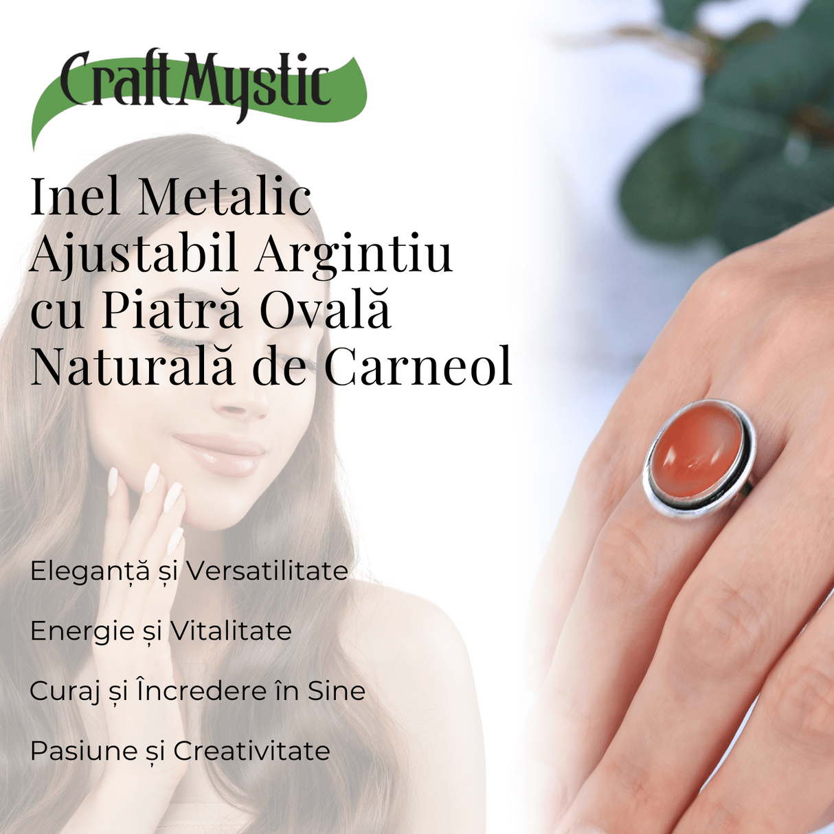 Inel Ajustabil Argintiu cu Carneol Natural, pentru energie si creativitate