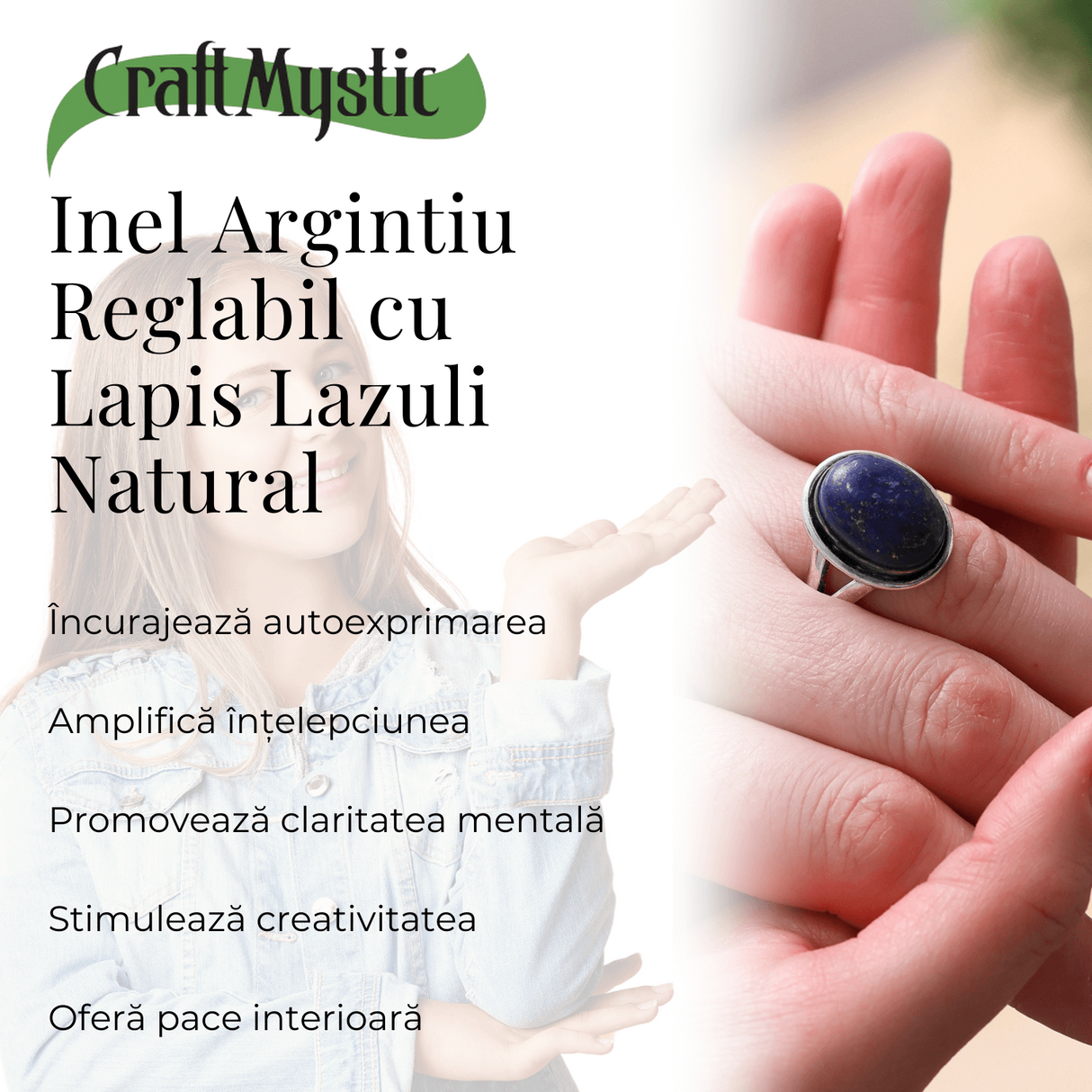 Inel Reglabil Metal Argintiu cu Piatra Naturala Lapis Lazuli