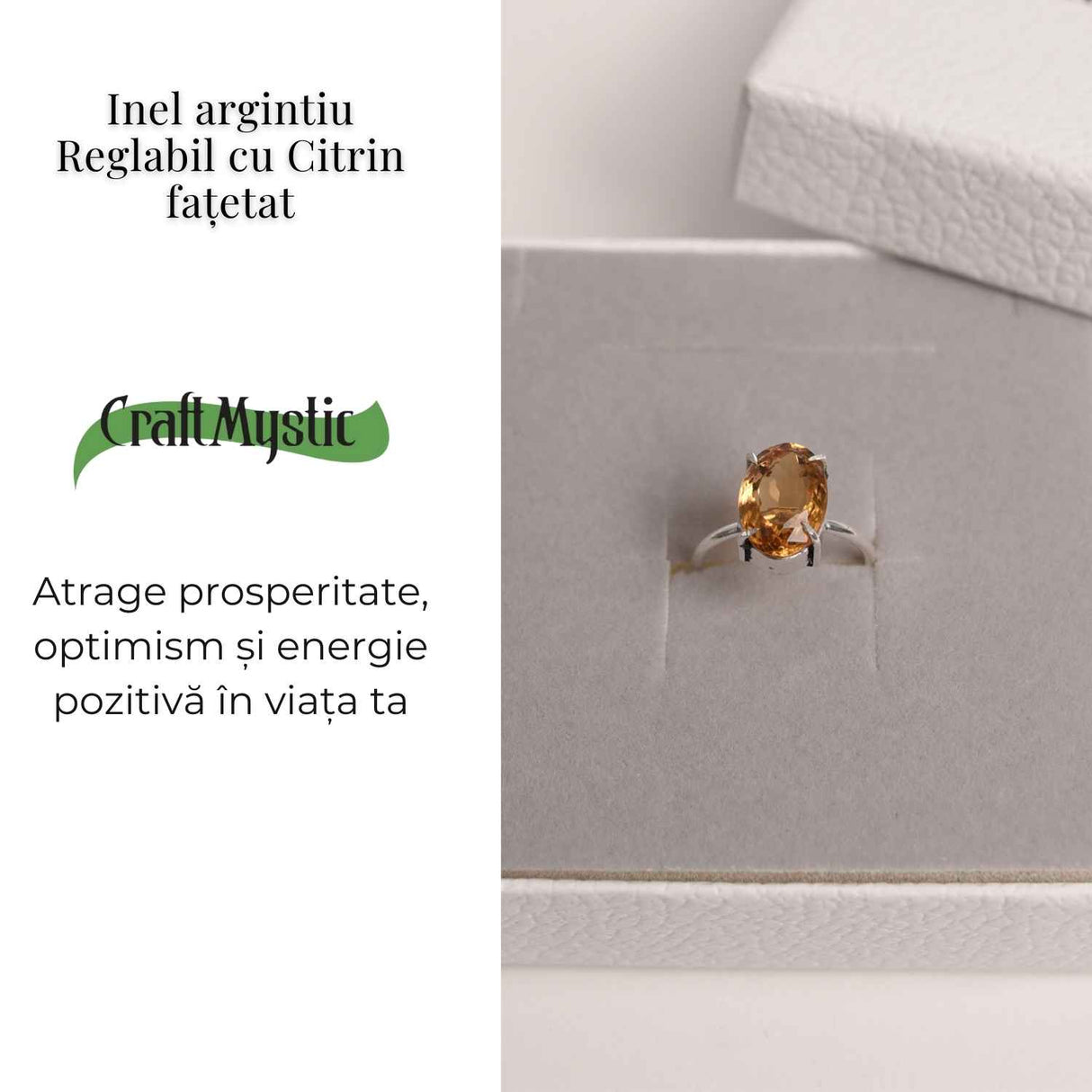 Inel Reglabil cu Citrin Natural Fatetat pentru Energie Pozitiva