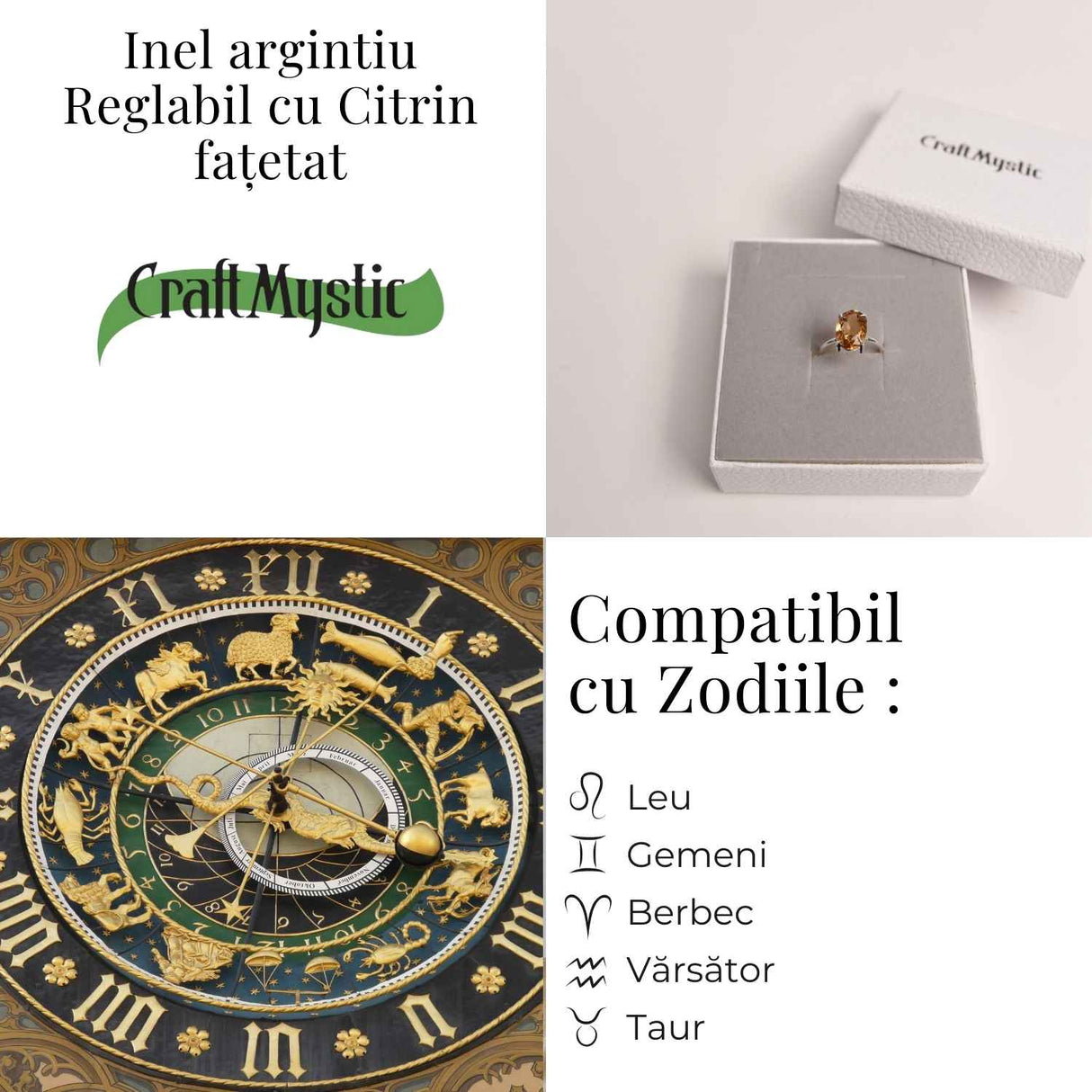 Inel Reglabil cu Citrin Natural Fatetat pentru Energie Pozitiva