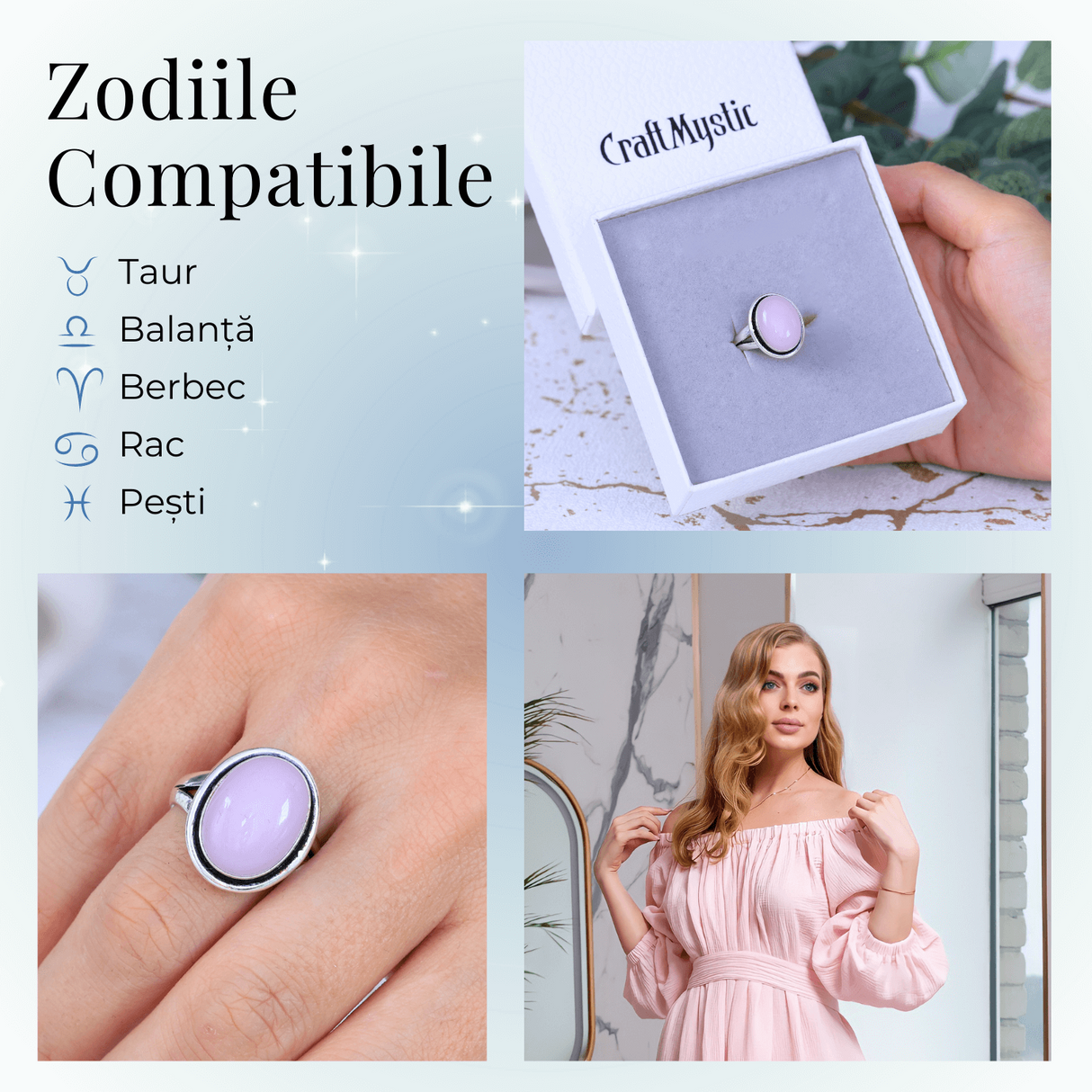 Inel Ajustabil Argintiu cu Cuart Roz natural oval, pentru iubire si armonie