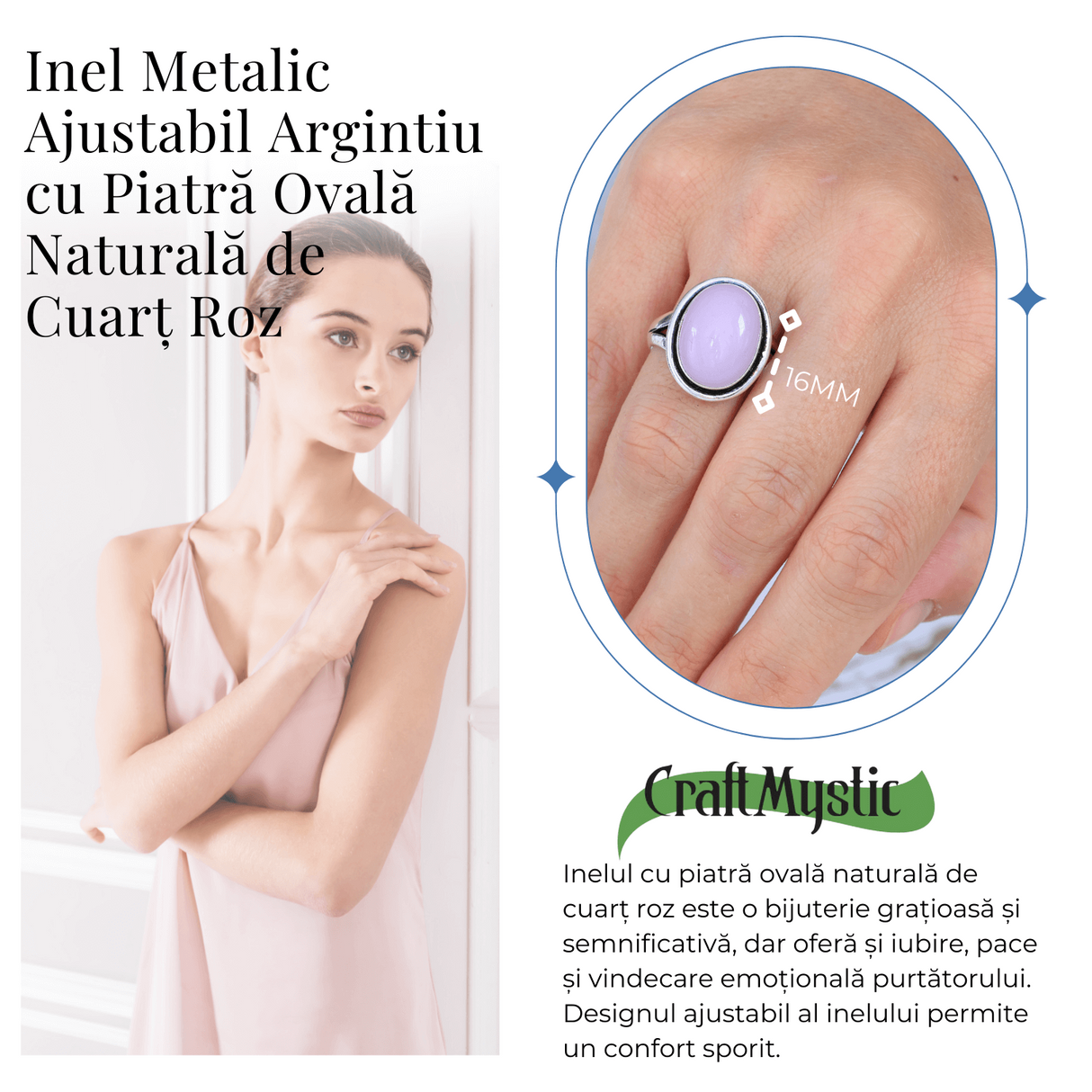 Inel Ajustabil Argintiu cu Cuart Roz natural oval, pentru iubire si armonie