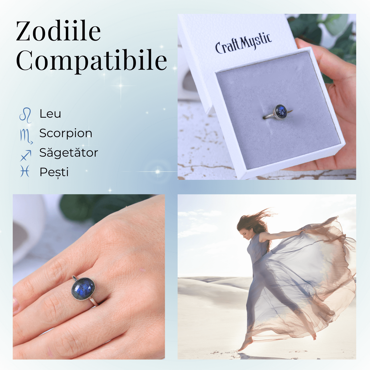 Inel Ajustabil Argintiu cu Labradorit natural oval, pentru protectie si intuitie