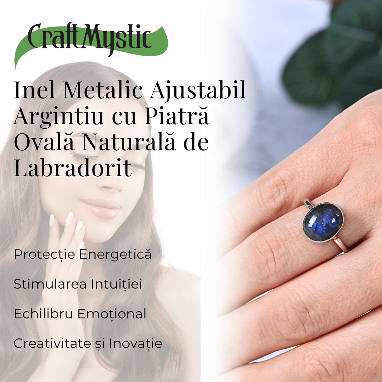 Inel Ajustabil Argintiu cu Labradorit natural oval, pentru protectie si intuitie