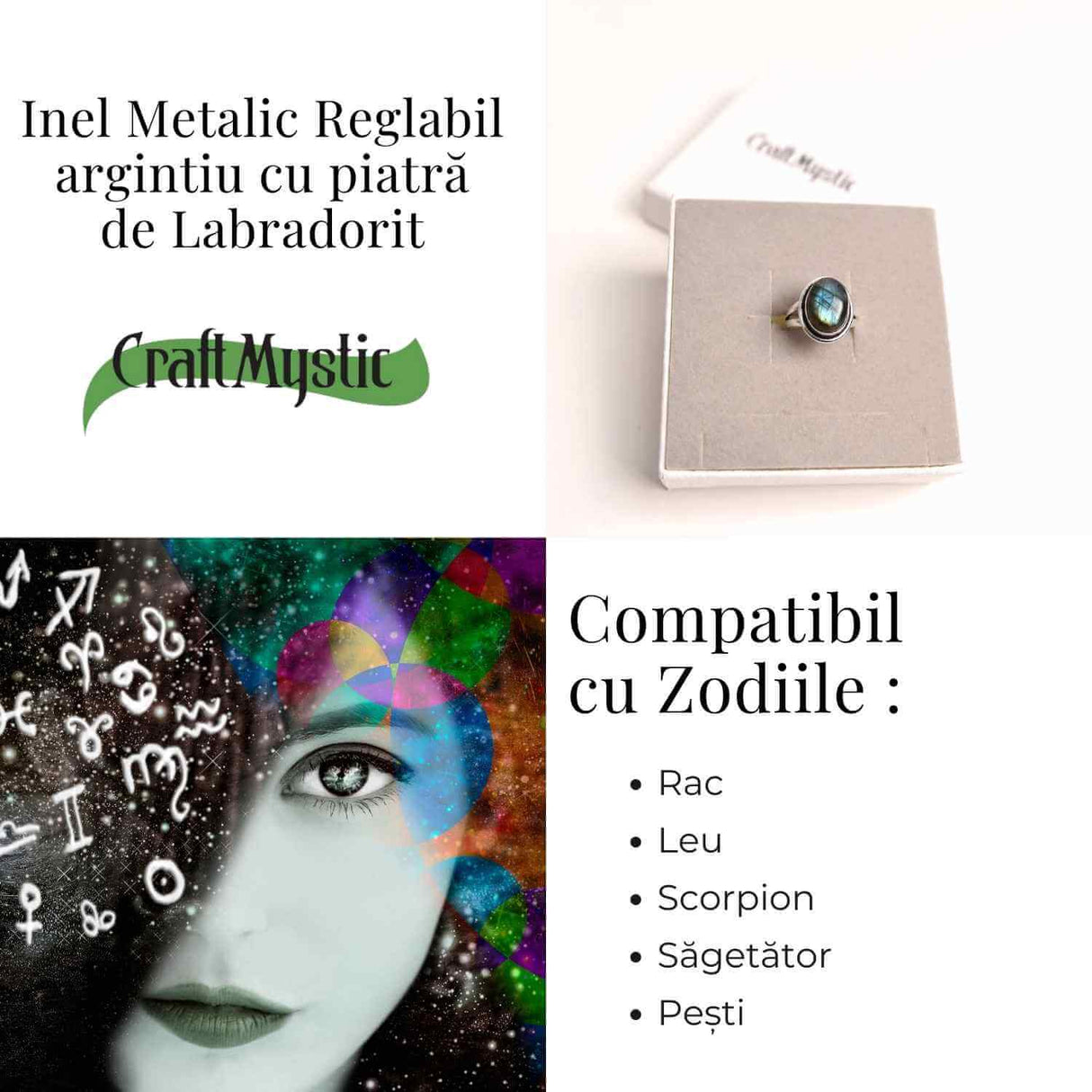 Inel ajustabil argintiu cu labradorit natural – intuitie si protectie