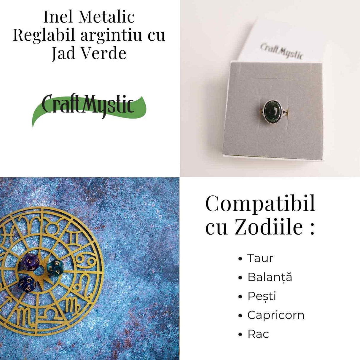 Inel Ajustabil Argintiu cu Jad Verde – Echilibru si protectie energetica