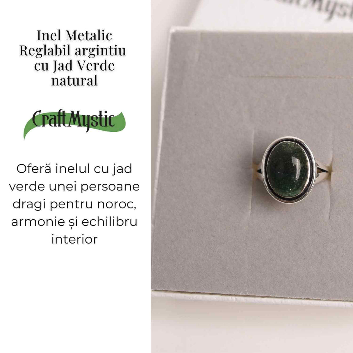 Inel Ajustabil Argintiu cu Jad Verde – Echilibru si protectie energetica