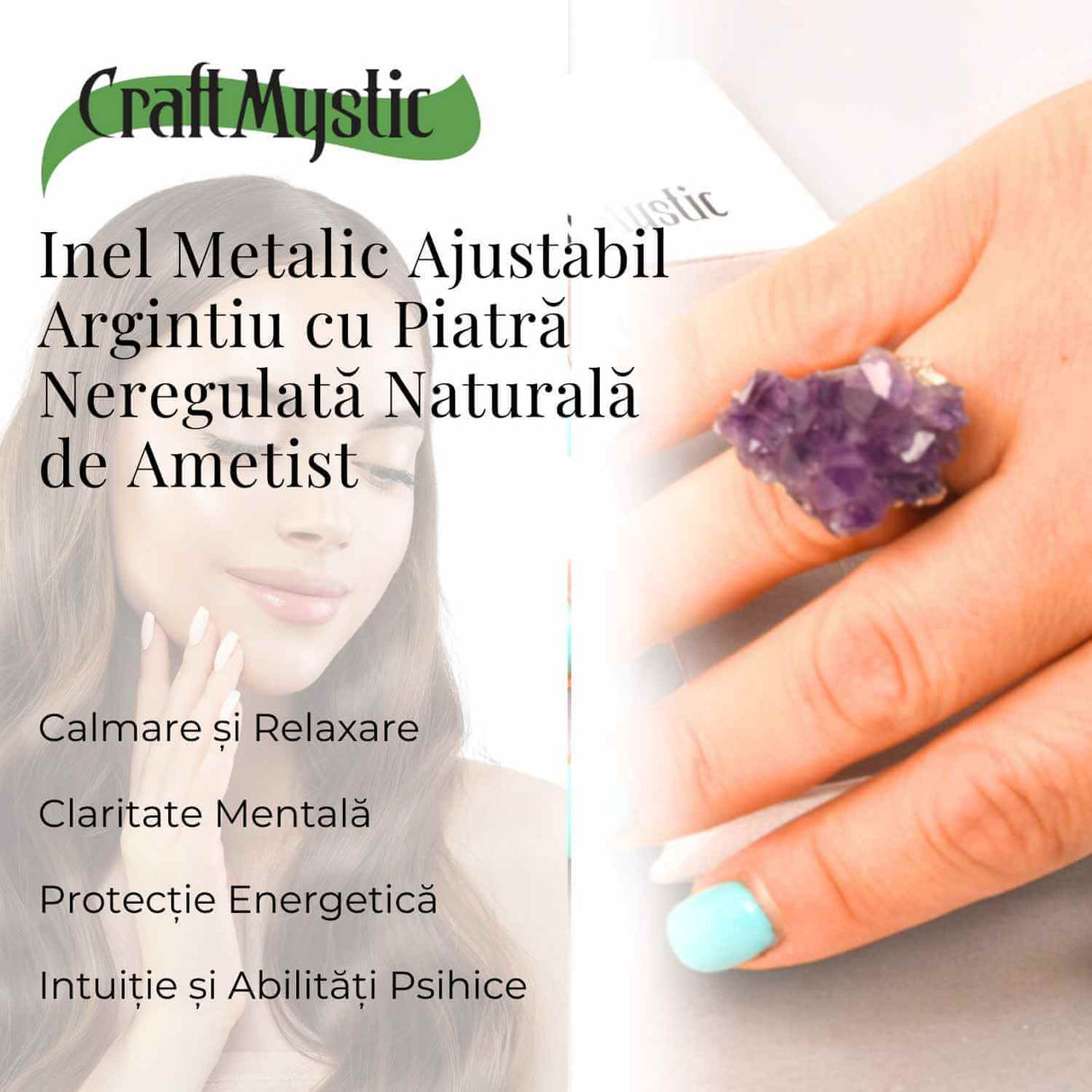 Inel ajustabil argintiu cu piatra naturala cluster Ametist