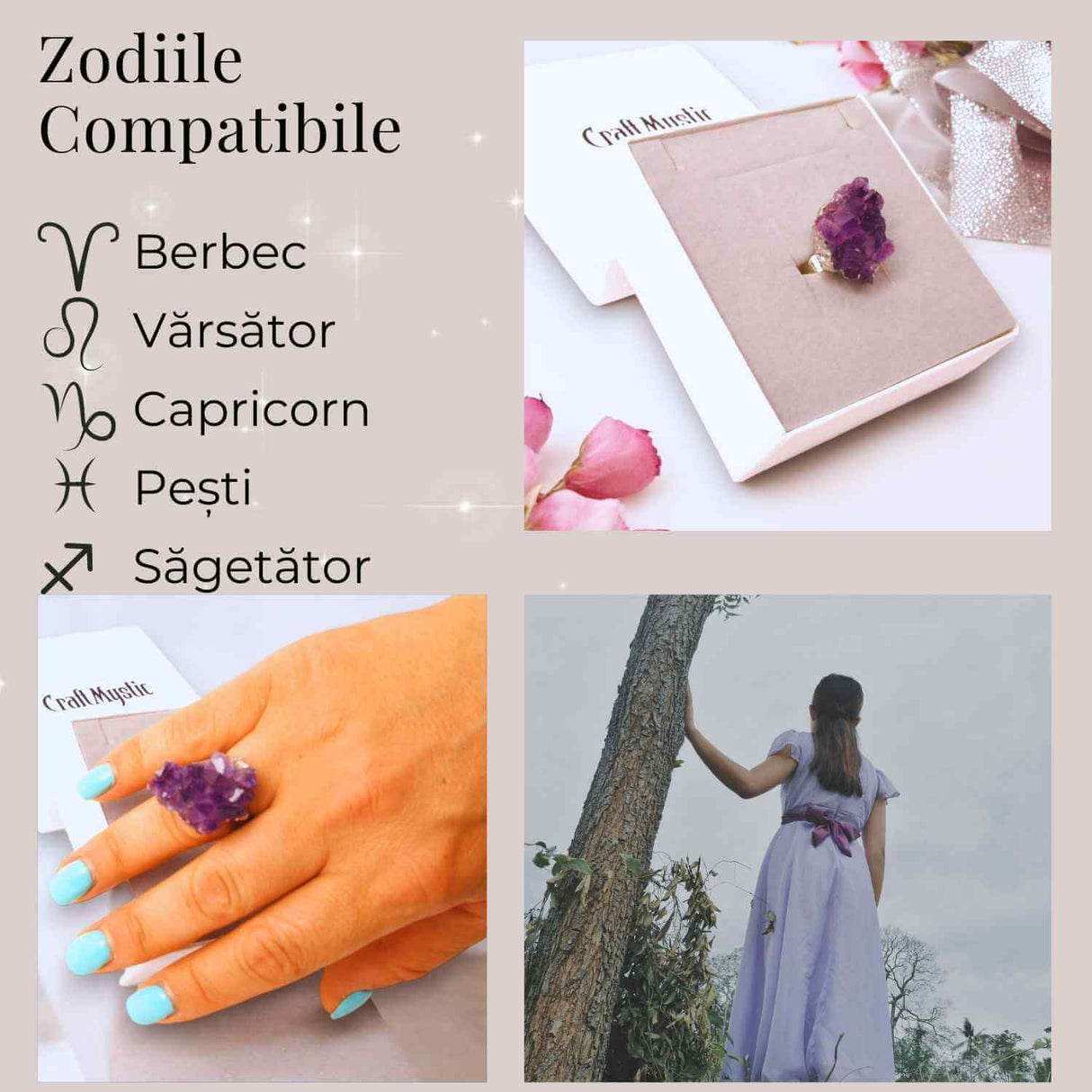 Inel ajustabil argintiu cu piatra naturala cluster Ametist