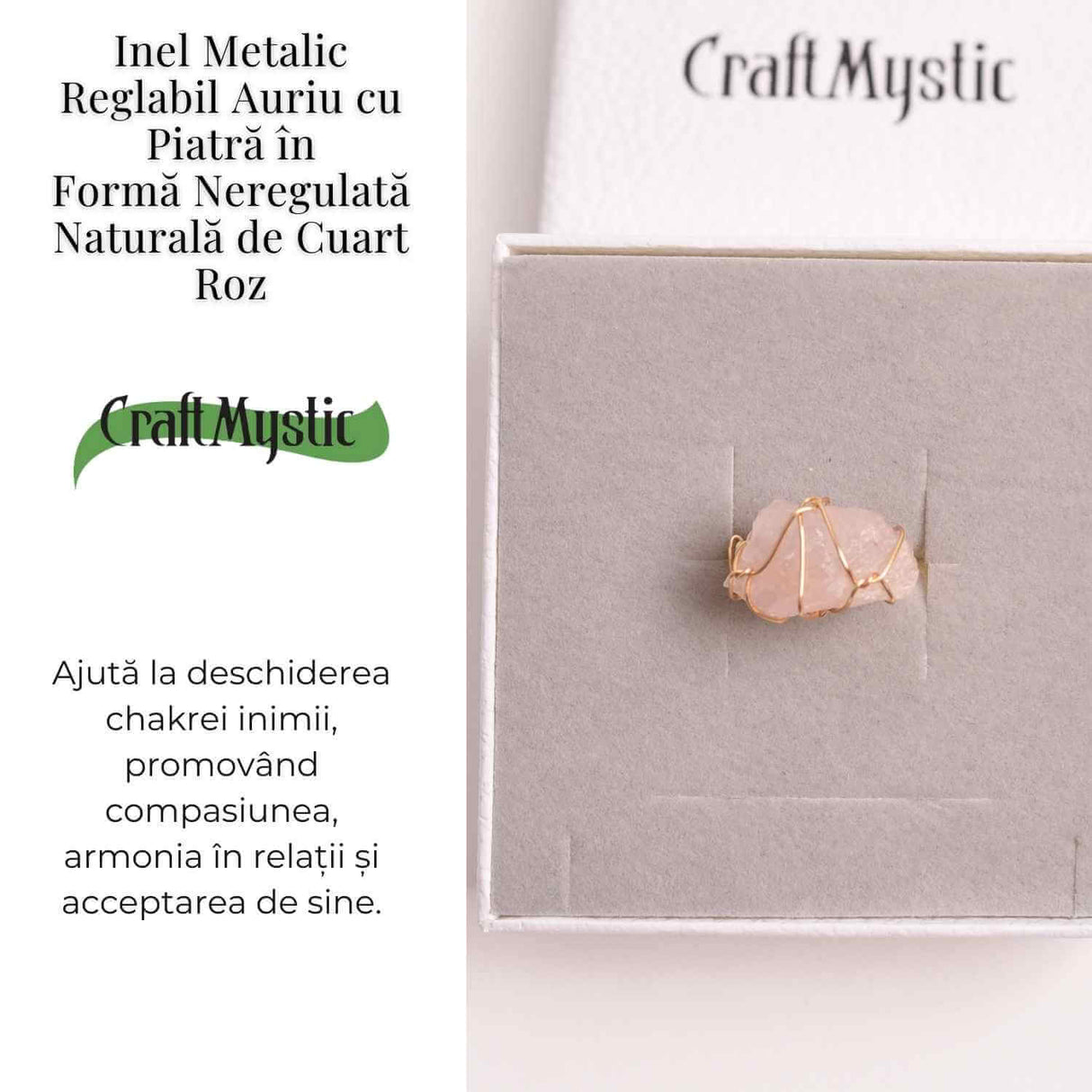 Inel Ajustabil Cuart Roz Brut forma neregulata- Vindecare Emotionala si Iubire