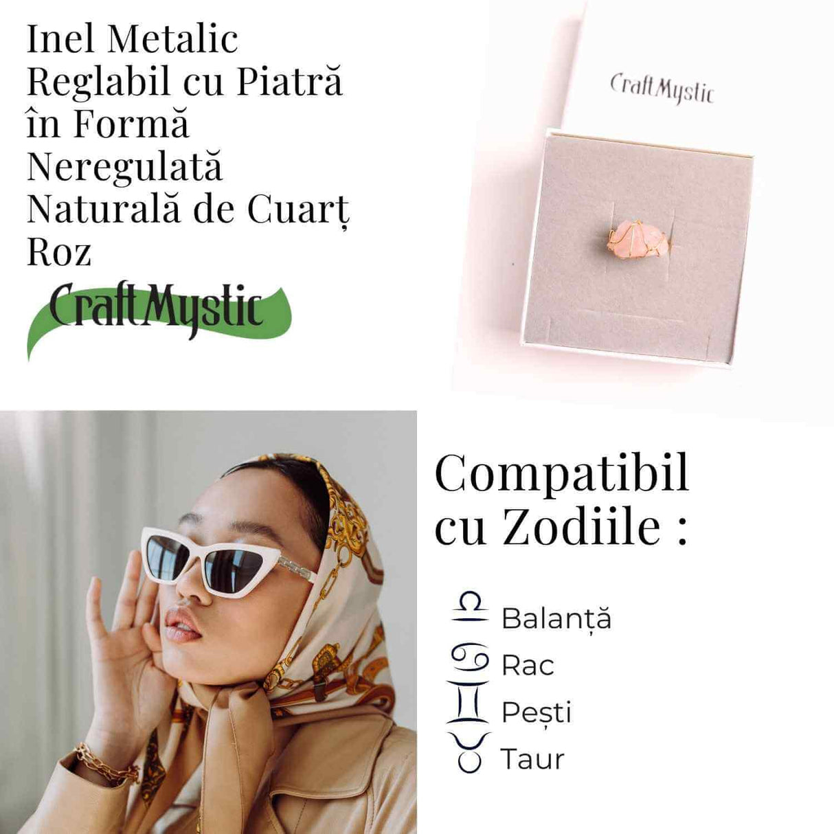 Inel Ajustabil Cuart Roz Brut forma neregulata- Vindecare Emotionala si Iubire