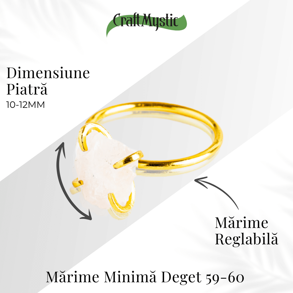 Inel Ajustabil Auriu cu Cuart Roz Brut pentru Echilibru Emotional