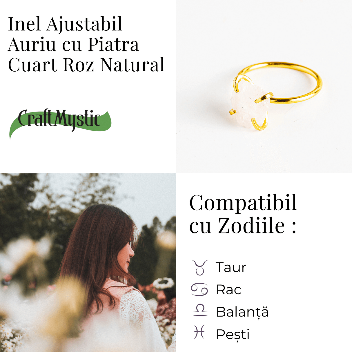 Inel Ajustabil Auriu cu Cuart Roz Brut pentru Echilibru Emotional
