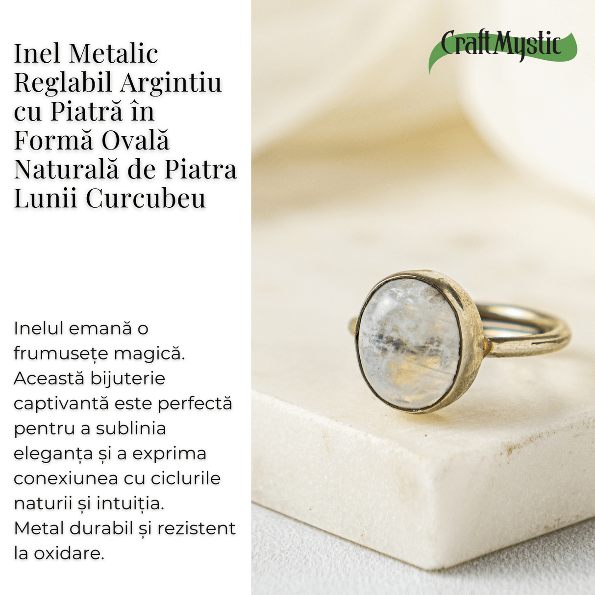 Inel Reglabil Argintiu cu Piatra Lunii Curcubeu – Intuitie si Liniste