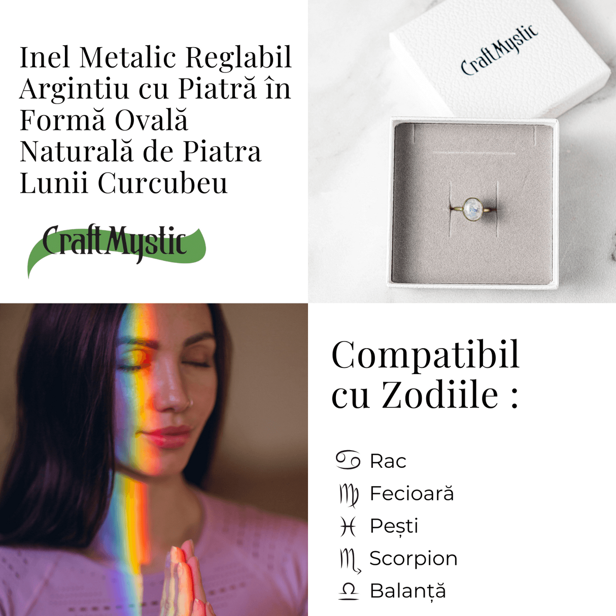 Inel Reglabil Argintiu cu Piatra Lunii Curcubeu – Intuitie si Liniste