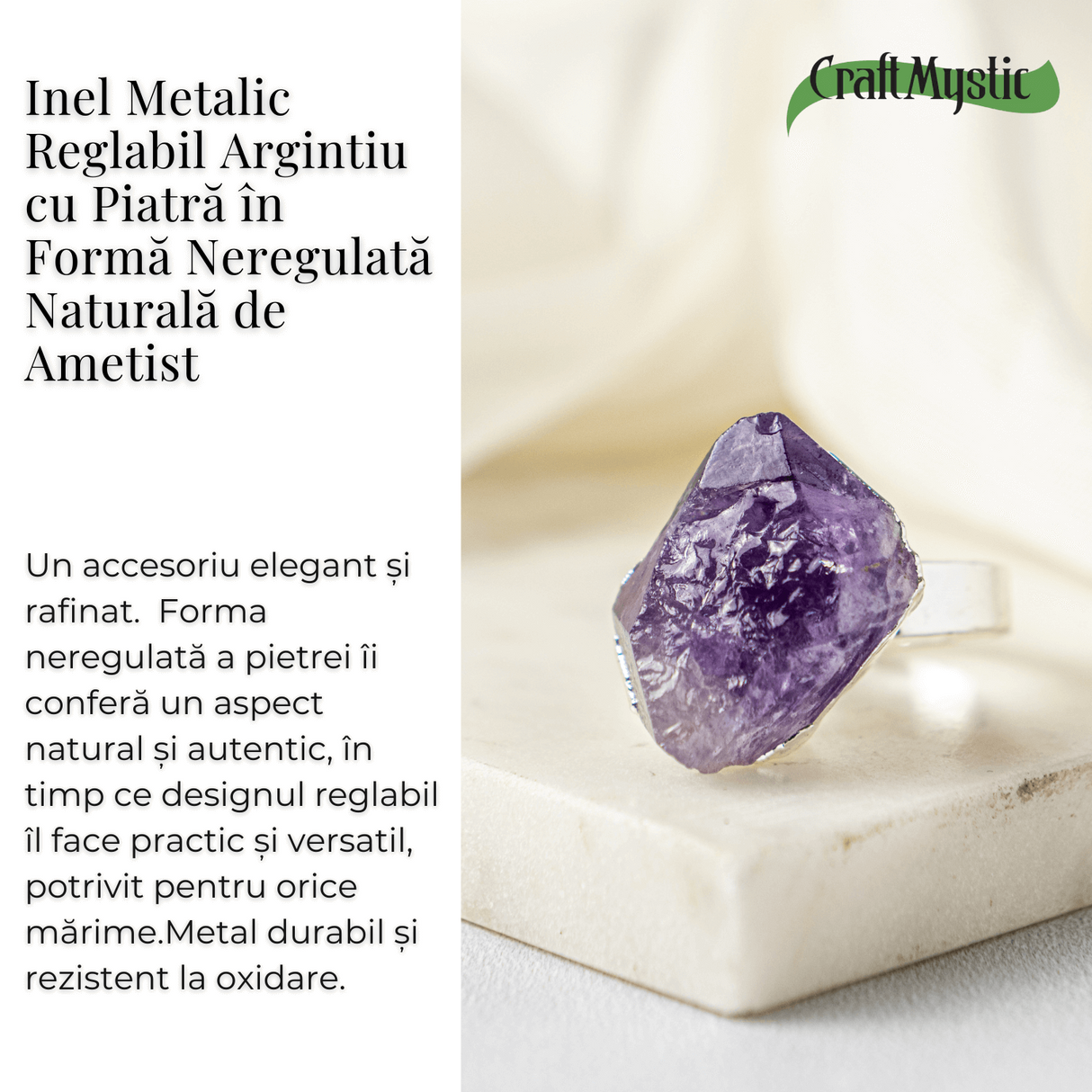 Inel argintiu ajustabil cu vart de Ametist natural, pentru calm si claritate