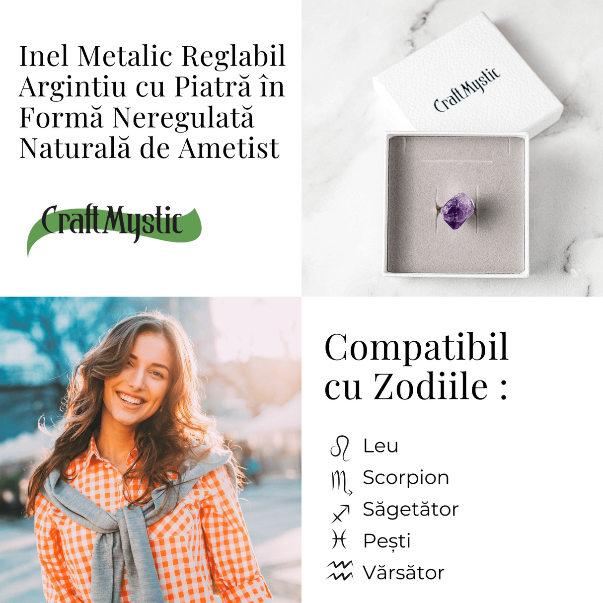 Inel argintiu ajustabil cu vart de Ametist natural, pentru calm si claritate