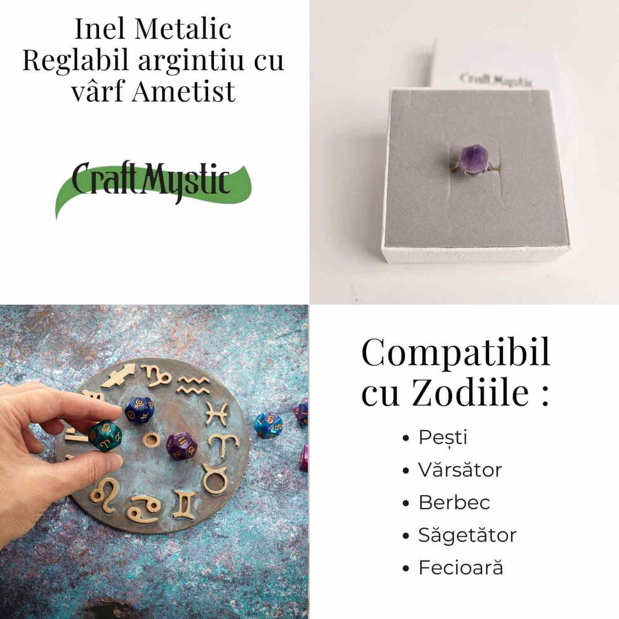 Inel ajustabil argintiu cu piatra naturala varf de ametist