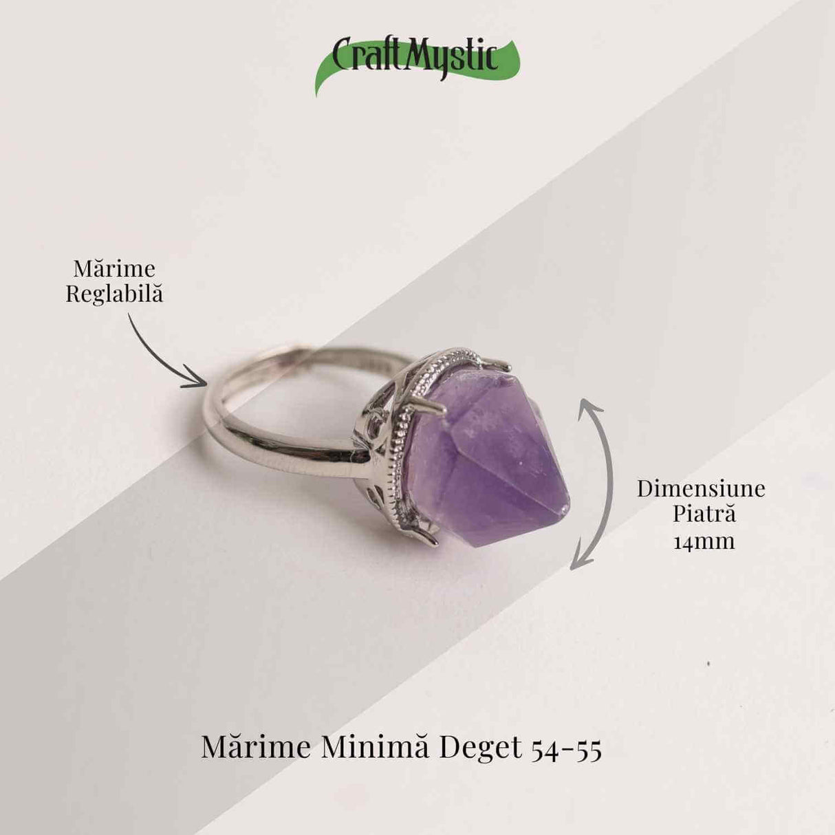 Inel ajustabil argintiu cu piatra naturala varf de ametist