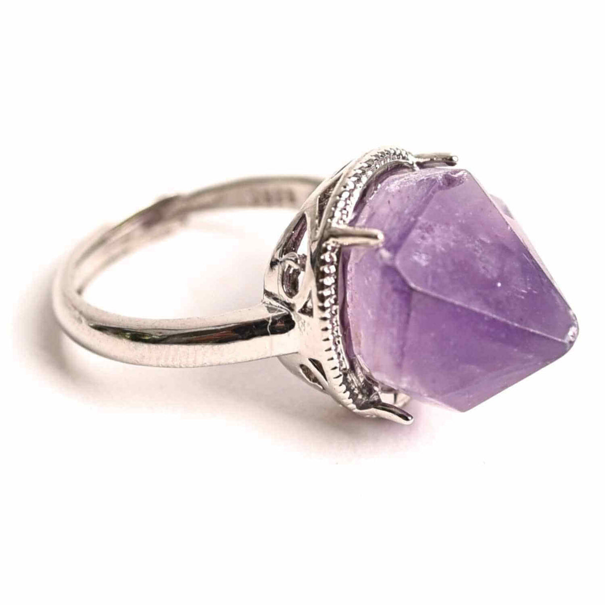 Inel ajustabil argintiu cu piatra naturala varf de ametist