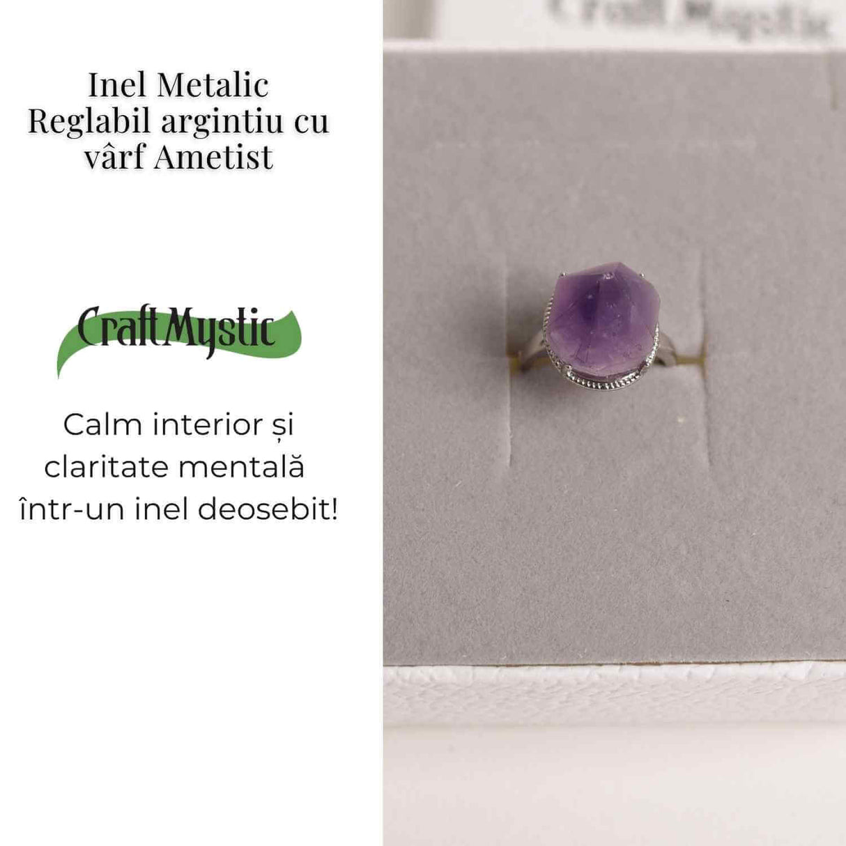 Inel ajustabil argintiu cu piatra naturala varf de ametist