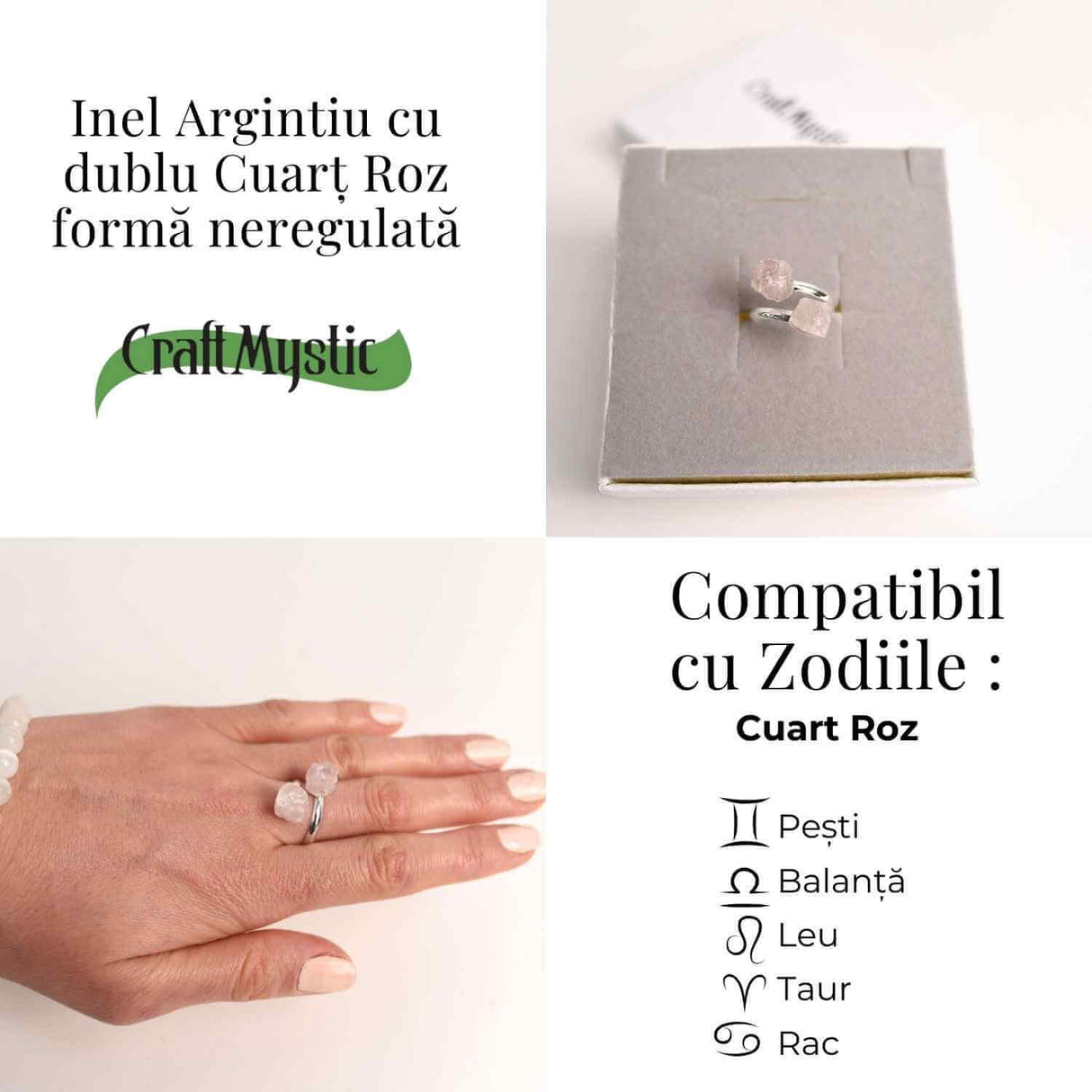 Inel Reglabil Argintiu cu Dublu Cuart Roz, Dragoste Si Armonie