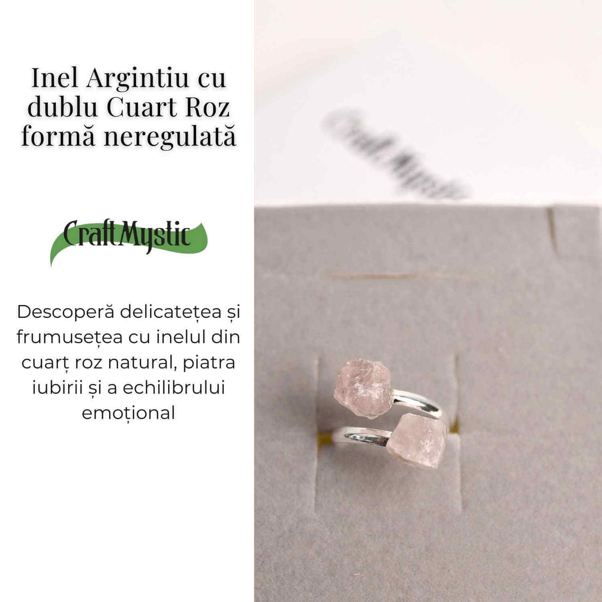 Inel Reglabil Argintiu cu Dublu Cuart Roz, Dragoste Si Armonie