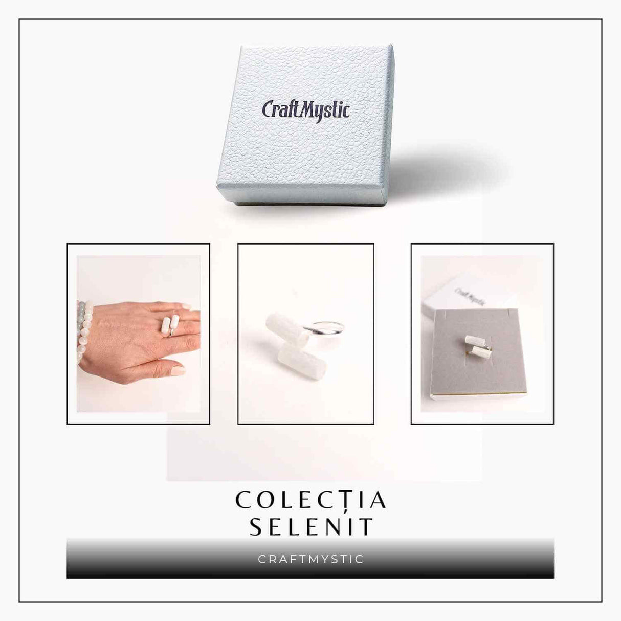 Inel Reglabil Argintiu cu Dublu Selenit, Claritate si Purificare