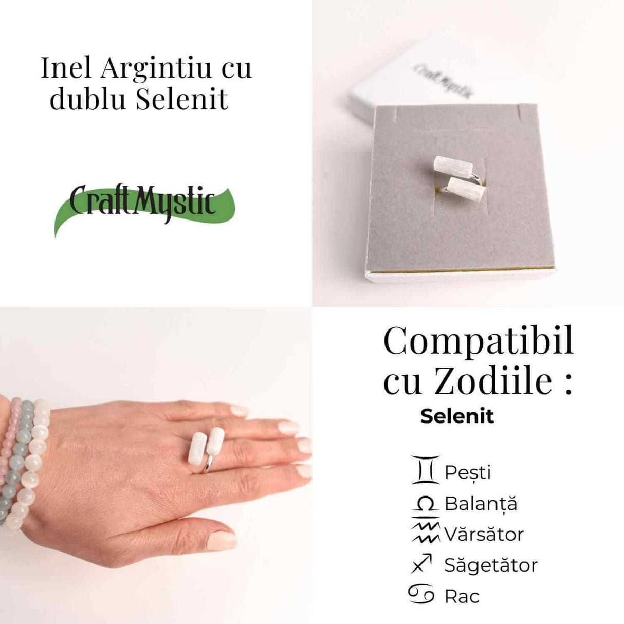 Inel Reglabil Argintiu cu Dublu Selenit, Claritate si Purificare