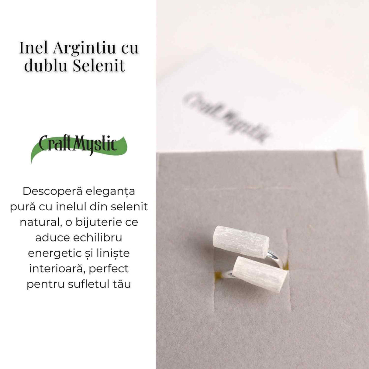 Inel Reglabil Argintiu cu Dublu Selenit, Claritate si Purificare