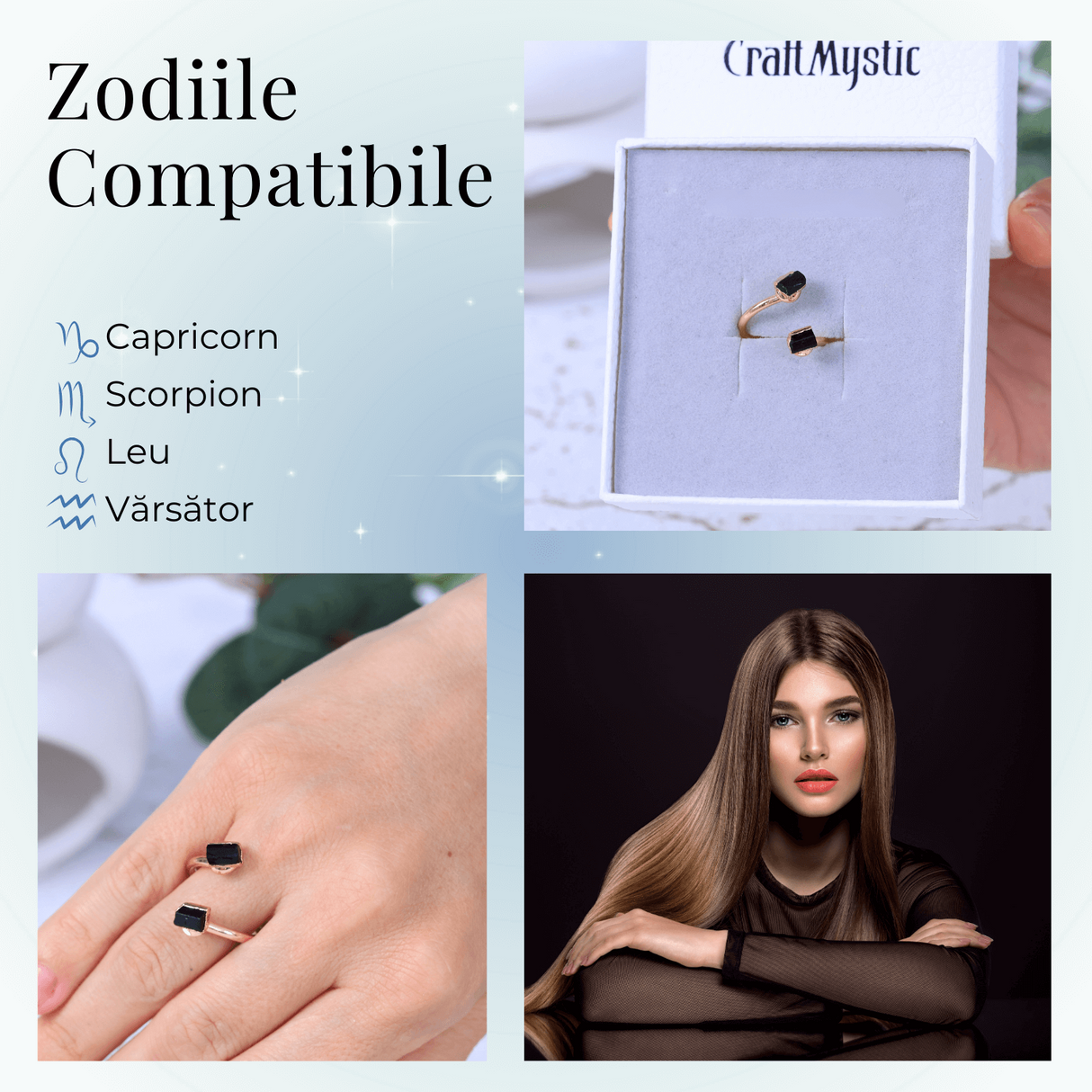 Inel auriu cu dubla Turmalina Neagra, pentru protectie si echilibru