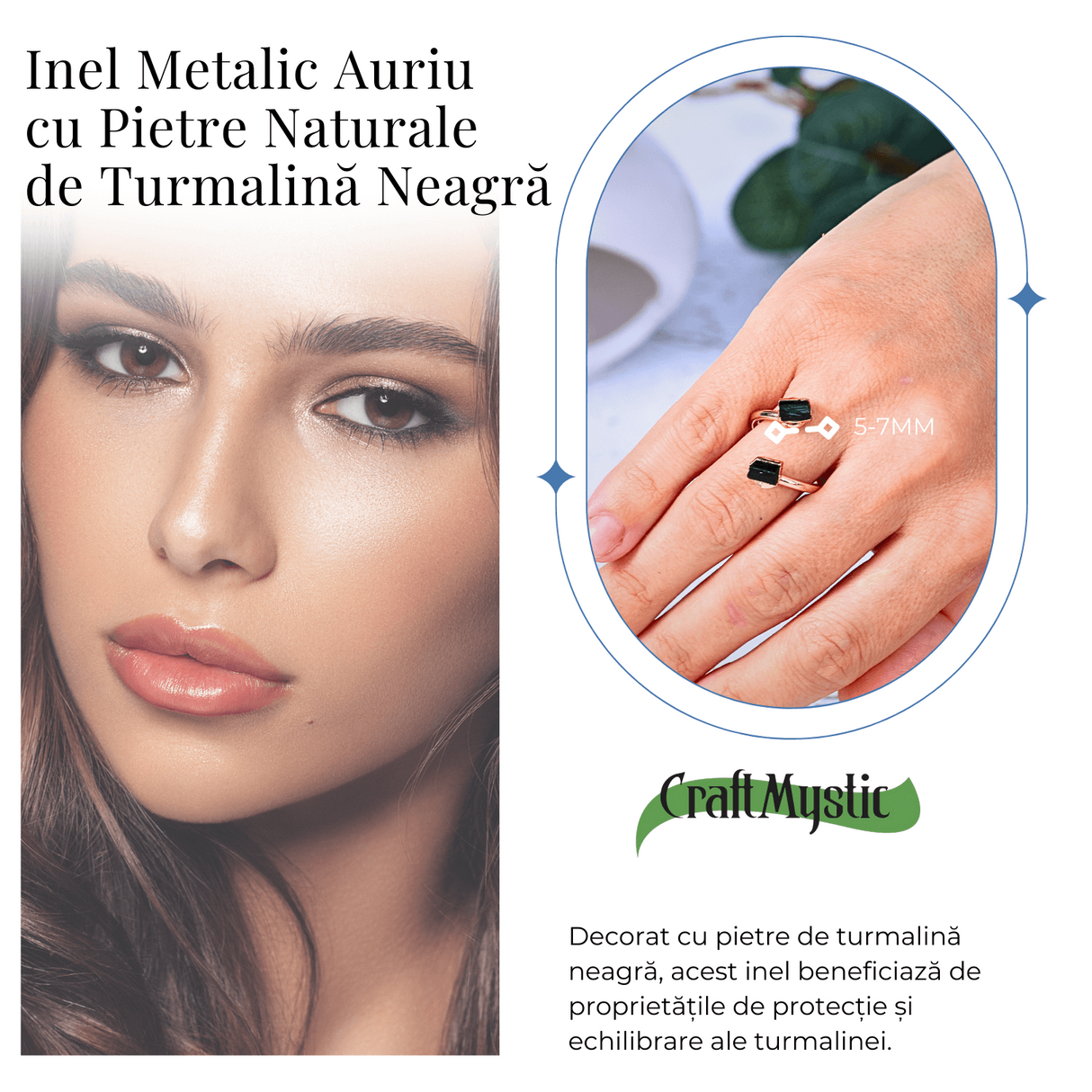 Inel auriu cu dubla Turmalina Neagra, pentru protectie si echilibru