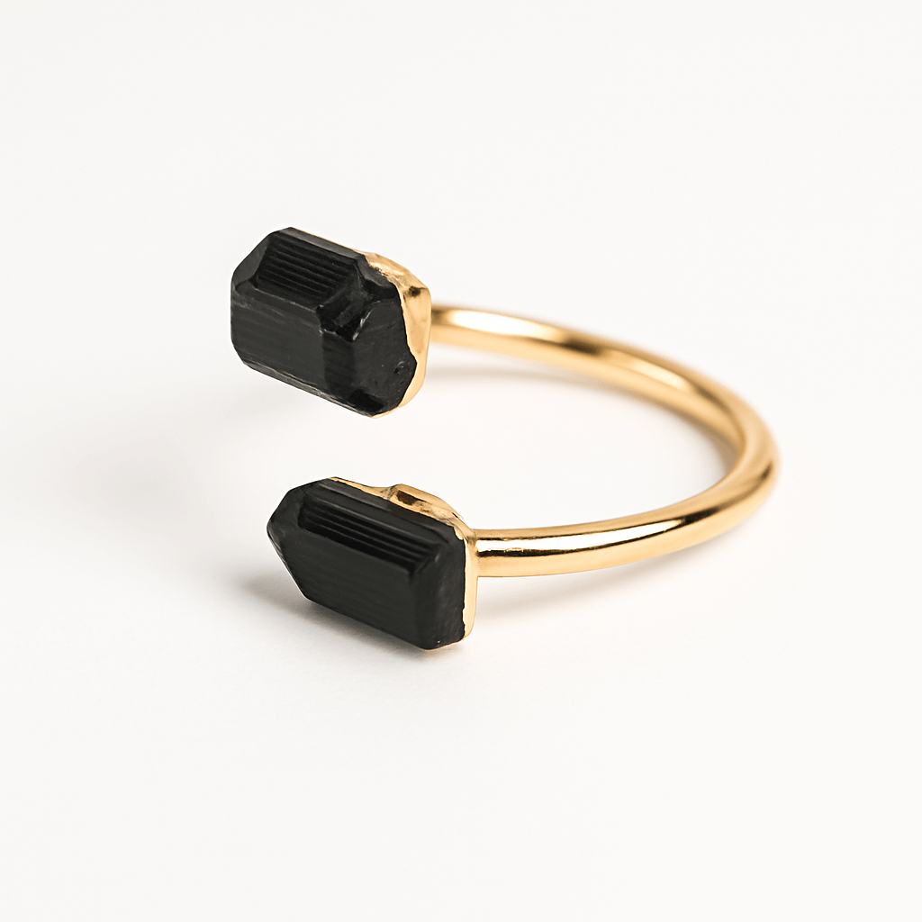 Inel auriu cu dubla Turmalina Neagra, pentru protectie si echilibru