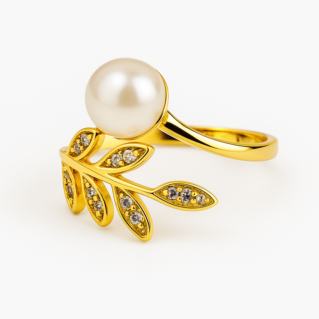 Inel cu perla naturala si frunza aurie – Eleganta care infloreste