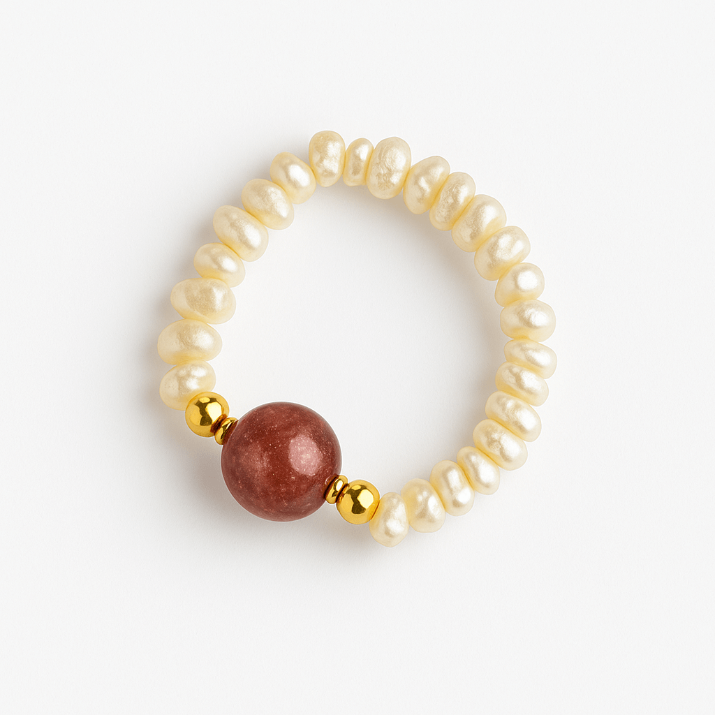 Inel cu sens – Cristal capsuna si perle pentru armonie emotionala