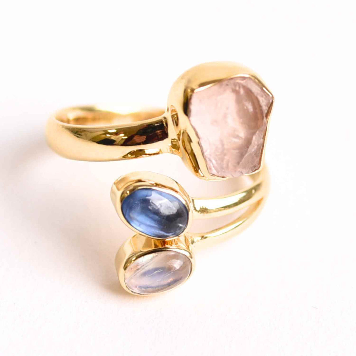 Inel din Argint 925 placat cu Aur de 18K cu Kianit Albastru, Cuart Roz si Piatra Lunii 3.92gr M 54/7– Armonie Interioara, Claritate si Deschidere Emotionala