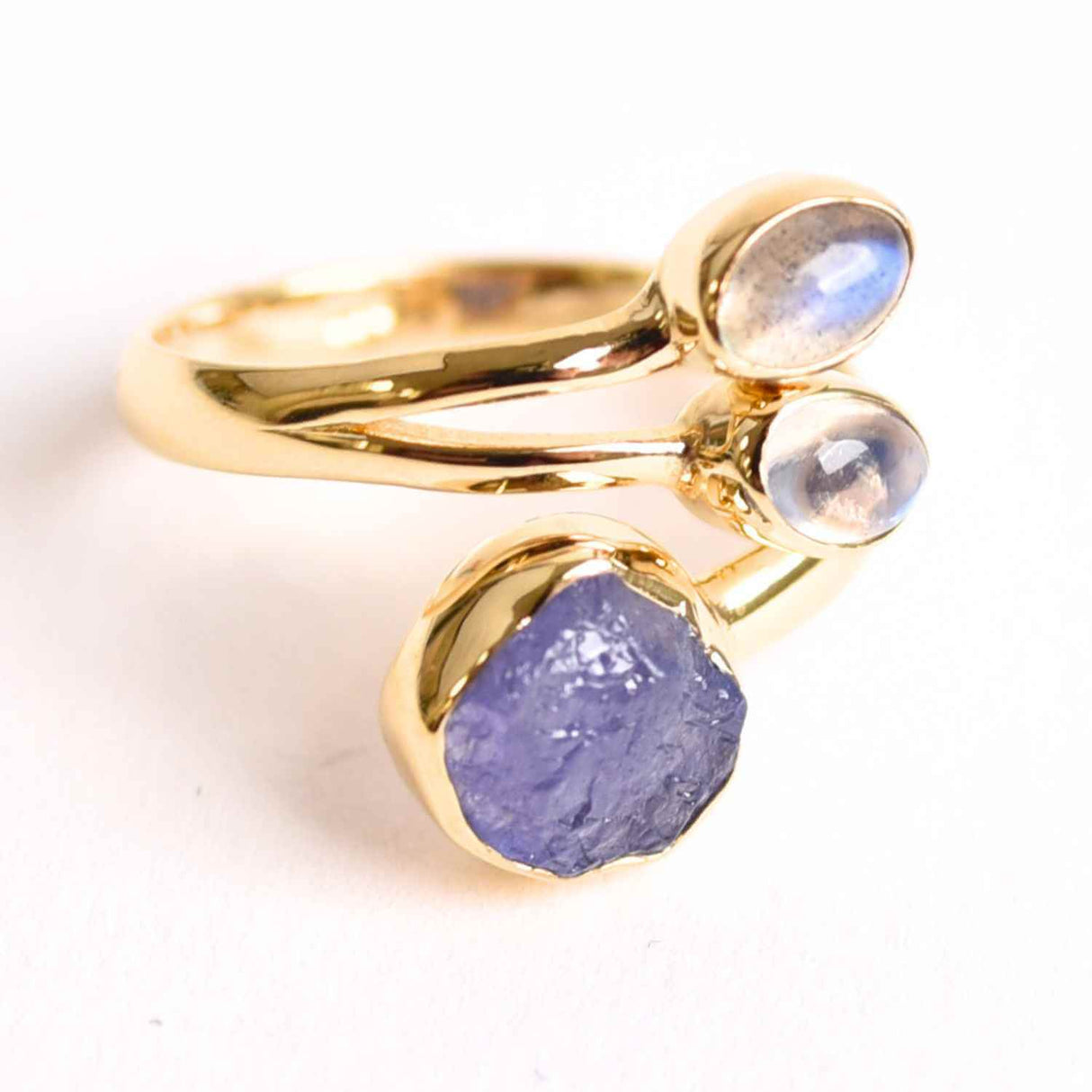 Inel din Argint 925 placat cu Aur de 18K cu Tanzanit, Piatra Lunii si Labradorit 4.02gr M59 / 9– Intuitie, Transformare si Lumina Interioara