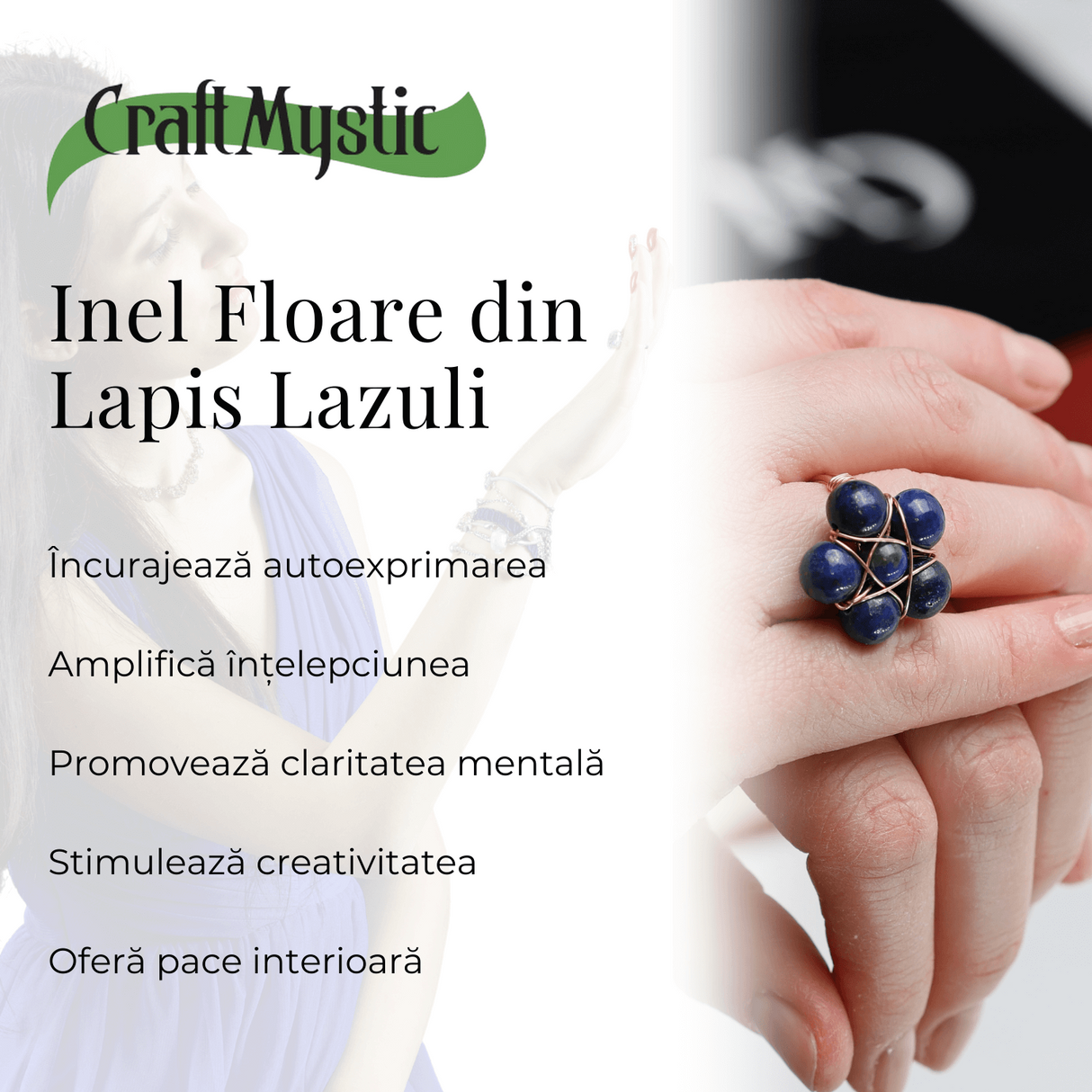 Inel Elegant in Forma de Floare cu Model Auriu si Lapis Lazuli Natural