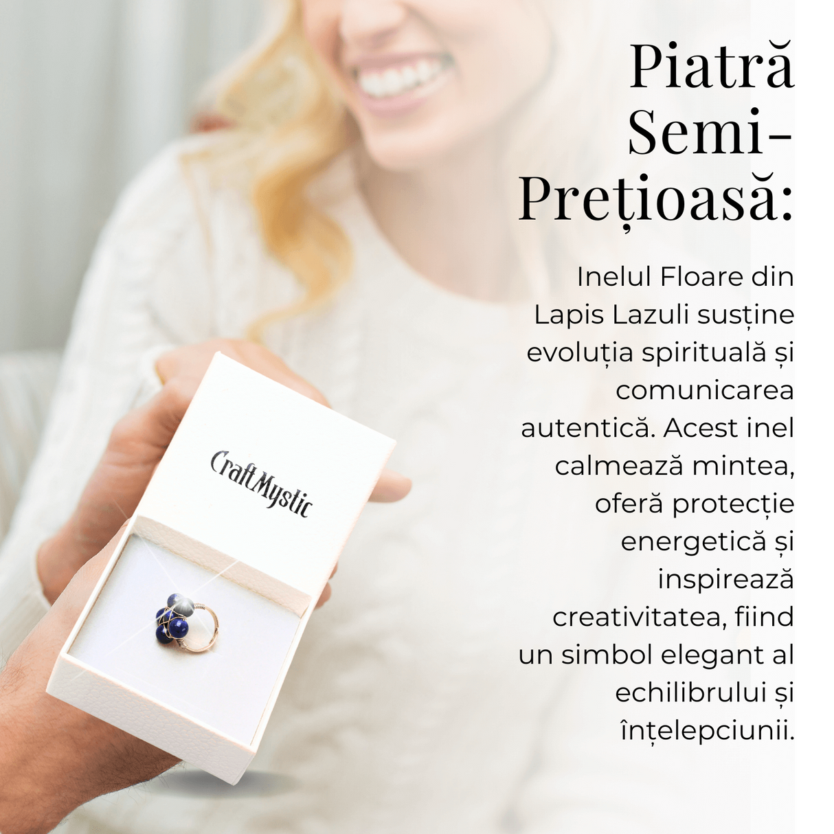 Inel Elegant in Forma de Floare cu Model Auriu si Lapis Lazuli Natural