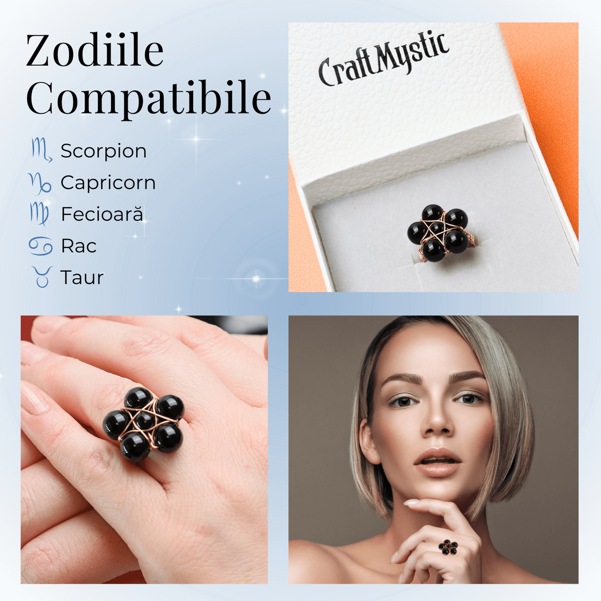 Inel Model Floare Metal Auriu cu Pietre din Obsidian