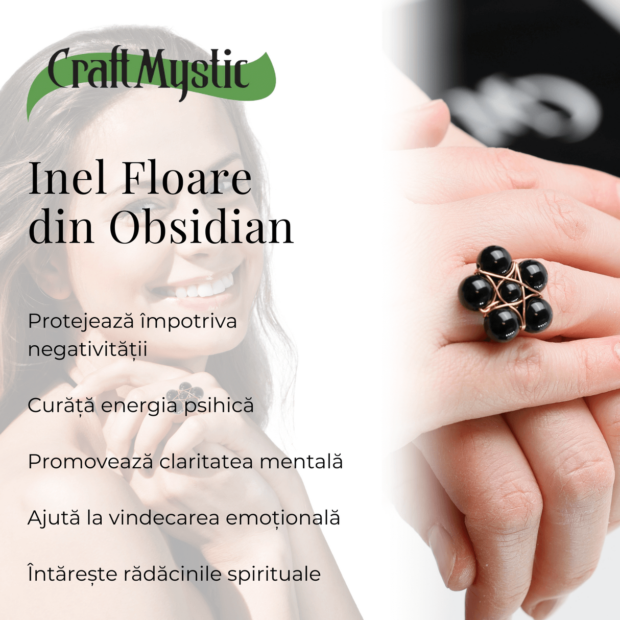 Inel Model Floare Metal Auriu cu Pietre din Obsidian