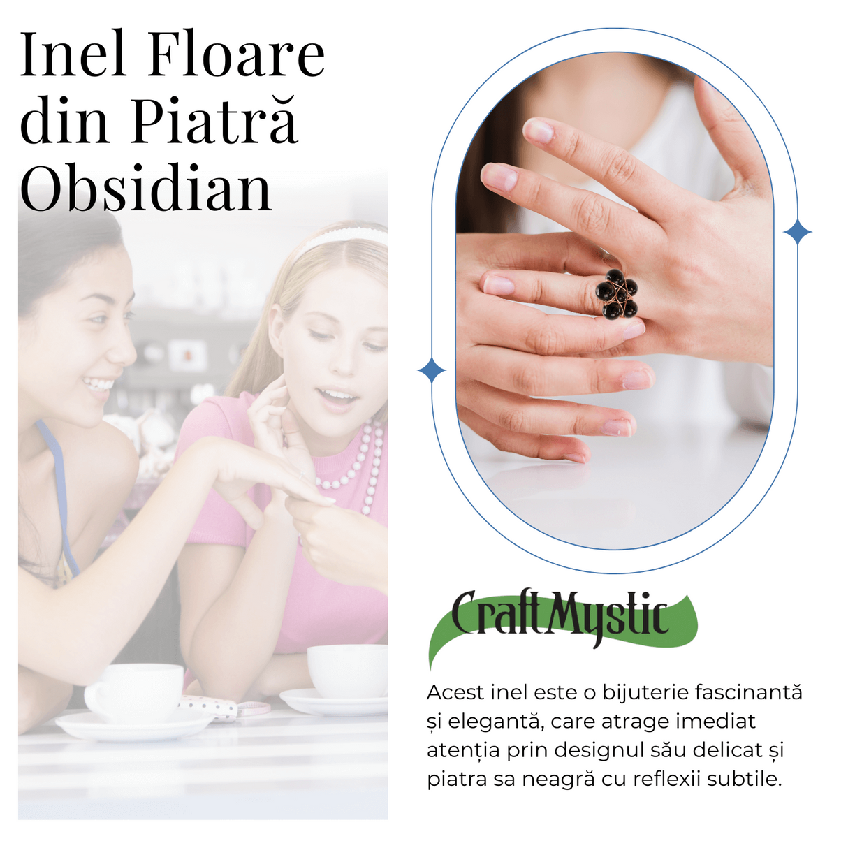 Inel Model Floare Metal Auriu cu Pietre din Obsidian
