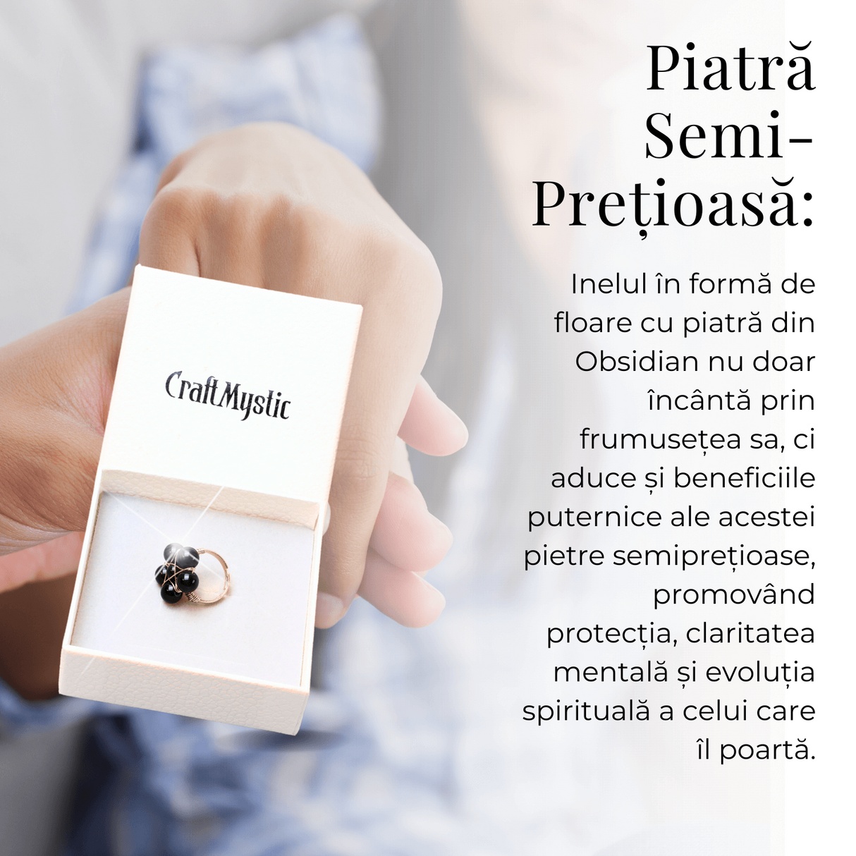 Inel Model Floare Metal Auriu cu Pietre din Obsidian