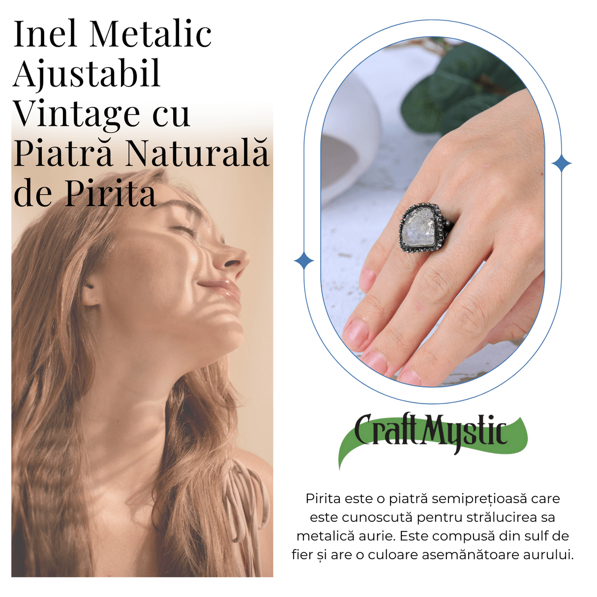 Inel Vintage Ajustabil cu Piatra de Pirita pentru Succes