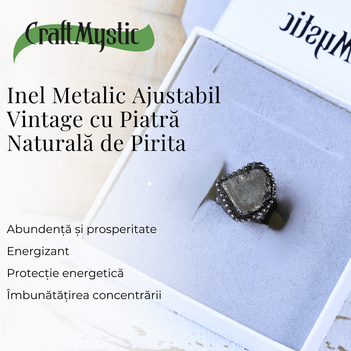 Inel Vintage Ajustabil cu Piatra de Pirita pentru Succes