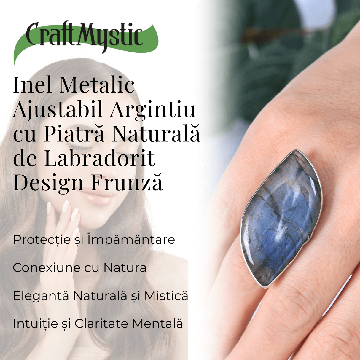 Inel argintiu ajustabil cu Labradorit design frunza, pentru protectie si intuitie