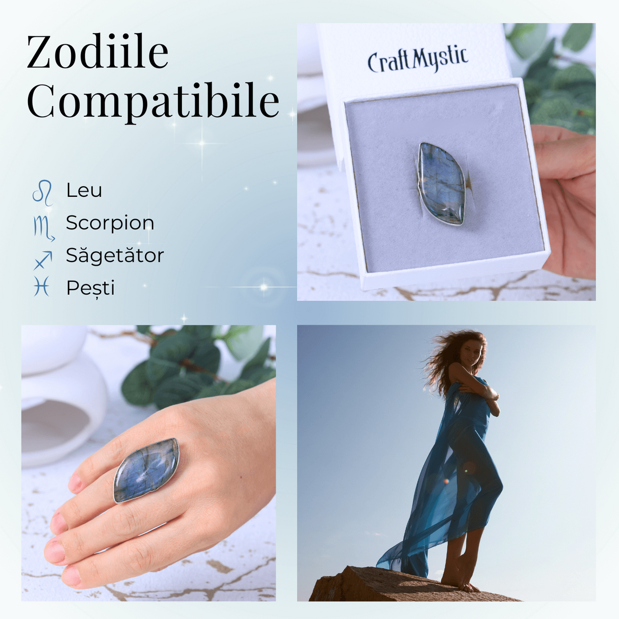 Inel argintiu ajustabil cu Labradorit design frunza, pentru protectie si intuitie